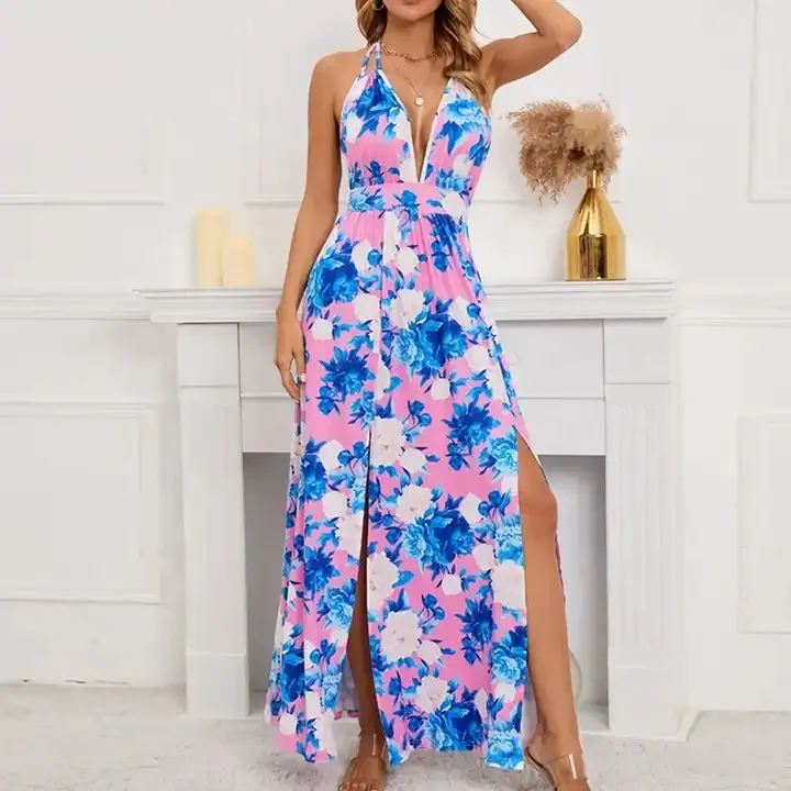 2023 New Arrivals Summer Wholesale Women Wax Printing Rayon Vintage Poplin Floral Printed V Neck Cut Out Ruffle Lady Maxi Dress