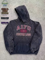 Kışlık Y2K Grunge Asit Yıkama Büyük Beden Fermuarlı Kapüşonlu Sweatshirt Özel Logo Eskitme Örümcek Ağı İşlemeli Ağır Kalın %100 Pamuk