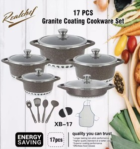 Série Gourmet – Batterie de cuisine 17 pièces avec revêtement granit, comprenant une casserole peu profonde de 28 cm, des casseroles de 20, 24, 28, 32 cm, des ustensiles et un tablier – Lot en gros - Product Image 5