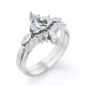 Anillo de Boda Cuadrado de Dos Capas con Corona para Mujer, Plata de Ley 925, Ágata Musgosa de 1.75 Quilates, Engaste de Garras, Certificado por Terceros - Product Image 1