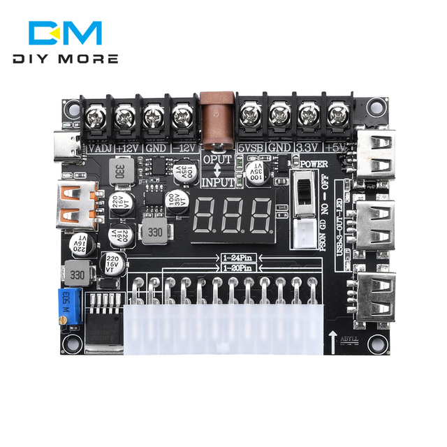 20/24Pins ATX Power Supply Breakout Board Acrylic Case Kit Module Adapter Power Connector Support 3.3V/5V/12V With LED Display