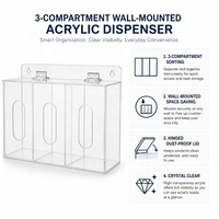 Distributeur mural moderne et écologique à 3 compartiments en acrylique transparent pour bonbons et sachets de thé, avec couvercle anti-poussière à charnière et fixation par trou de serrure