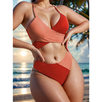 Ensemble bikini côtelé color block personnalisé pour femme, maillot de bain sexy à nouer à l'arrière, taille haute, deux pièces, faible MOQ