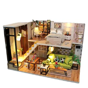 Rumah Boneka Kayu Mini, Keluaran Baru Cahaya dan Mebel Miniatur Diy Rumah Boneka Perabotan Penuh Dua Tingkat