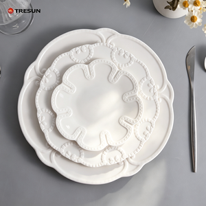 Luxury White Flower Bone China Wedding Charger <b>Ceramic</b> Embossed Dinner <b>Plate</b> Set Color Enamel Creative Bake Dishes for Household - Product Image 1