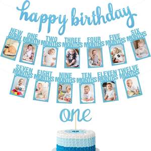 Celebrazione del compleanno del bambino ha fissato il primo compleanno 12 mesi bandiera d'oro bandiera del partito Set di decorazione della parete della foto con Topper della torta - Product Image 5