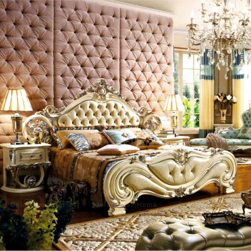 Классический набор для спальни из массива дерева в европейском стиле, роскошная Свадебная кровать