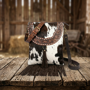 Cowhide Crossbody Bag With Leather Tassel And Floral Tooling Bohemian Style Single <b>Strap</b> Genuine Leather Women's <b>Shoulder</b> Bag - Product Image 3