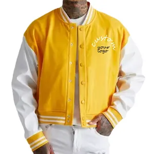 Chaqueta de béisbol con logo personalizado para hombre y mujer, chaqueta unisex de marca a la moda, de diseñador amarillo, al por mayor, de lana, estilo universitario