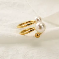 Eleganter Doppel-Perlen Verstellbarer Offener Edelstahlring, Minimalistischer Modischer Goldton-Fingerring für Frauen Tägliches Tragen