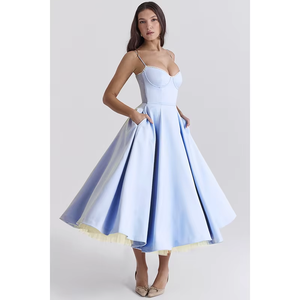 Robe mi-longue de style resort décontracté, taille empire translucide, printemps, robe formelle bleu <span class=keywords><strong>Mademoiselle</strong></span> pour adultes, couleur unie, OEM - Product Image 1