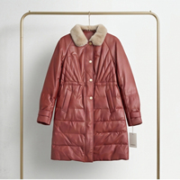 Manteau en cuir véritable rouge vin pour femmes, col rabattu, taille ajustable, veste matelassée, vêtements d'extérieur de luxe pour l'hiver