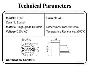 Portalámparas LED Halógeno de Cerámica <span class=keywords><strong>GU10</strong></span> con Cable de 14 cm, 250 V, 2 A, Certificado CE, Portalámparas de Techo - Product Image 2