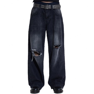 Jean cargo baggy droit tendance de haute qualité, noir délavé, en denim épais déchiré aux genoux, taille basse, coupe ample - Product Image 2