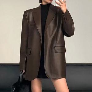 ヴィンテージファッション女性ショルダーパッドレザーブレザー特大本革ジャケット - Product Image 3