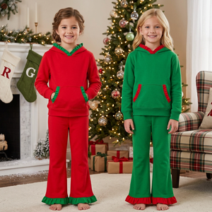 Customize Kids Girls Christmas Hoodie Set Solid Color Ruffles Long Sleeve Top Pants Boutique 2-Piece Outfits - Product Image 1