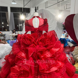 Mc056 Ruby Red Glitter Organza Party Dress Boat Neck Beaded Fringe Shoulder Ruffle Sequin Embroidered <b>Ball</b> <b>Gown</b> <b>Vintage</b> Chapel - Product Image 5