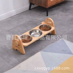 ชั้นวางอาหารสัตว์เลี้ยงไม้พร้อมชามสแตนเลสสามใบสำหรับแมวและสุนัข สีไม้ธรรมชาติ ดีไซน์อเนกประสงค์ - Product Image 3