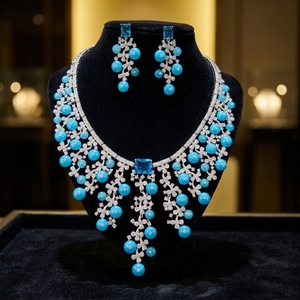Conjunto de Collar y Pendientes Románticos para Mujer, Chapado en Platino, con Circonita Azul Esmeralda, Corte Esmeralda, Aleación de Cobre, para Compromiso y Boda - Product Image 1