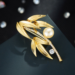 Gold Bamboo Leaf Brooch With Pearl And Zircon Women's Fashion Party Jewelry Zinc Alloy Micro Insert Design - Product Image 1