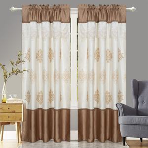 Cortina bordada de dos capas para sala de estar, tela jacquard <span class=keywords><strong>con</strong></span> varilla transparente y bolsillos, color beige, blanco y azul - Product Image 2