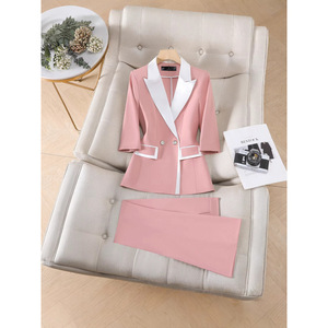 Women's Three Quarter Sleeve Color Block Blazer Pants Set Satin Anti Wrinkle Formal Commute Suit YSY6607 - Product Image 4