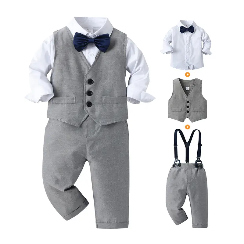 Roupas formais de manga comprida para bebês meninos, terno formal para casamento de meninos, cinza