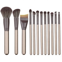 Set Kuas Makeup 12 Buah, Kuas Serat Sintetis Lembut, Gagang Kayu, Kit Kuas Wajah dan Mata untuk Pemula