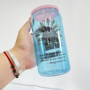 Listo para enviar 16oz Borosilicato 5 colores Mezclado Colores Irrompible Beber 16oz Vaso de agua de vidrio con tapas de plástico de colores - Product Image 6