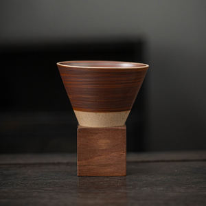 Mug à café <span class=keywords><strong>en</strong></span> céramique rustique vintage créatif avec base <span class=keywords><strong>en</strong></span> <span class=keywords><strong>bois</strong></span>, forme d'entonnoir, tasse à <span class=keywords><strong>latte</strong></span> art, mug à eau pour la maison - Product Image 5