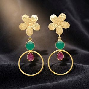 Pendientes Circulares de Rubí y Aguamarina con Forma de Flor, Pendientes de Piedras Preciosas Hechos a Mano, Chapados en Oro, Diseño Étnico Moderno para Bodas y Fiestas - Product Image 4