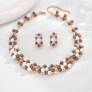New Exquisite High Quality Gold Toned Statement Jewelry Multi Strand <b>Pearl</b> Crystal <b>Necklace</b> <b>Earring</b> <b>Set</b> for Special Events - Product Image 5