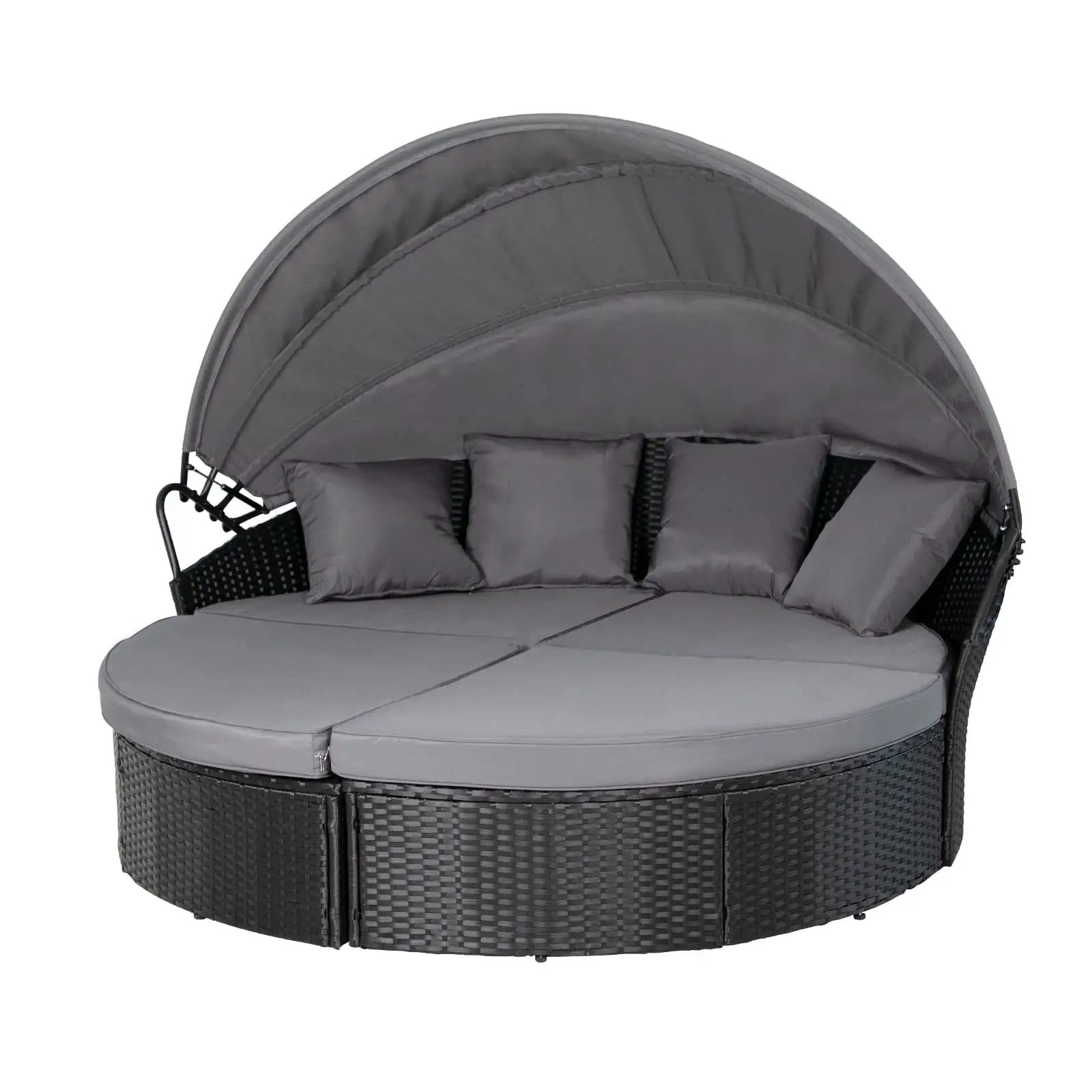 Mobília ao ar livre moderna Pátio Wicker Black Round Flip Top Sofá Cama de dia com coxins retráteis Canopy para quintal varanda