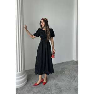 Wholesale <b>Black</b> Balloon Sleeve Belted Dress O-Neck A-Line Cut-<b>Outs</b> Woven <b>Fabric</b> Daily Casual Wear - Product Image 2