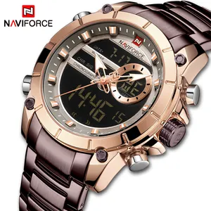 Naviforce relógio esportivo masculino, relógio de quartzo para homens, digital com pulseira de aço inoxidável, preto, luminoso, de negócios, nf9163