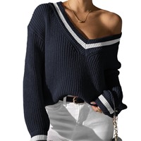 Pull décontracté en maille plate à col en V pour femme, style preppy, color block, manches longues lanternes amples, en polyester standard, pour l'hiver