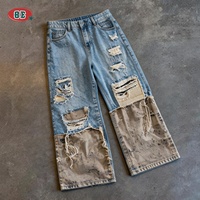Jeans larges déchirés à blocs de couleur et patchwork pour hommes, style vintage délavé, effet éclaboussures de peinture, personnalisé, grunge, Y2K, streetwear, OEM