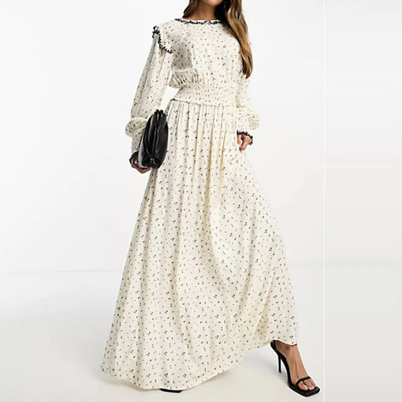 New Design Round Neck Long Sleeve Shirred Waist Frill Trim Ditsy Print White Max Long Dresses Women