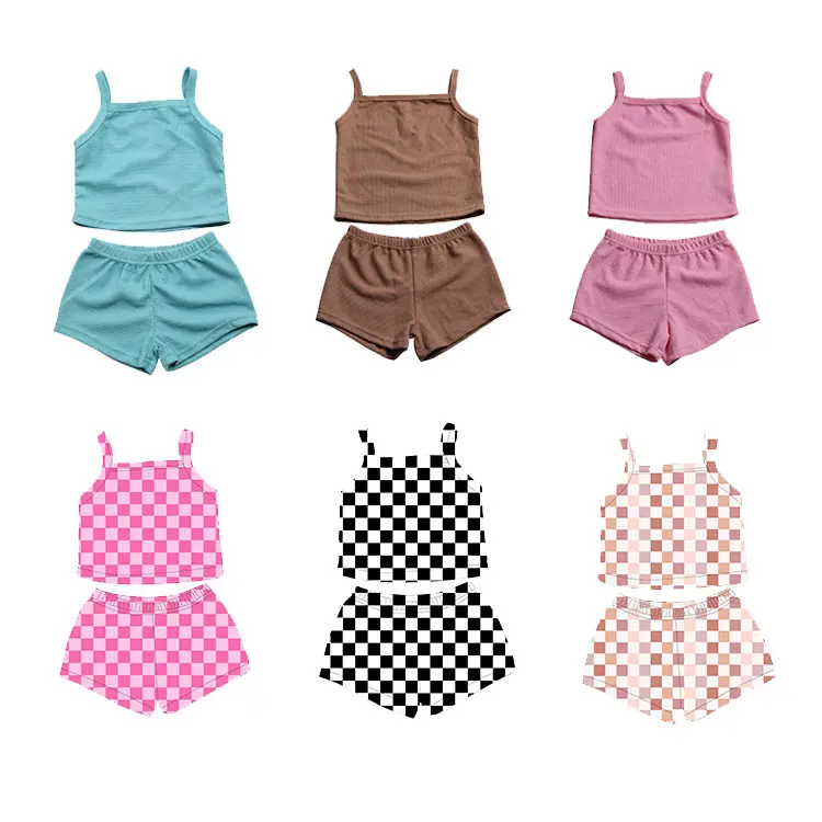 Cheap Summer Newborn Clothes Baby Girls Infant Clothing Set Halter Top Shorts Soft Waffle Fabric Kids Clothes Suit