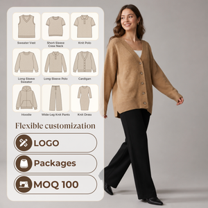 <span class=keywords><strong>Cardigan</strong></span> da Donna Personalizzato in Maglia Oversize Color <span class=keywords><strong>Cammello</strong></span> con Scollo a V e Bottoni Frontali, Orlo a Costine - Product Image 3