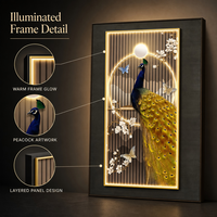 Panneau mural décoratif Paon avec cadre lumineux et détails de branches florales pour une décoration intérieure élégante
