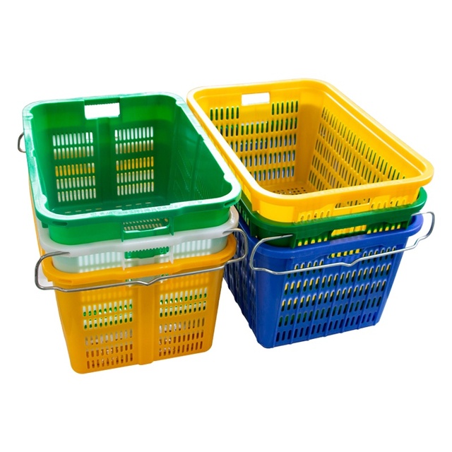 Agricultural Farm Use  Plastic Baskets with Metal Handle Supermarket Customized Stack Nest Basket for Shopping Fruits Vegetables