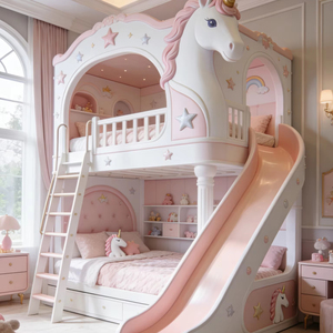 Letto a Castello <span class=keywords><strong>Unicorno</strong></span> Stile Principessa Francese Rosa, Letto Matrimoniale Madre-Figlia con Scivolo e Contenitore per Ragazze, Multifunzionale - Product Image 1