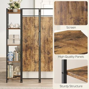 Paravent <span class=keywords><strong>industriel</strong></span> pliant à 4 panneaux, écran d'intimité, rangement portable, séparation pour chambre et bureau, marron rustique et noir - Product Image 5