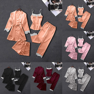 Ensemble de peignoir quatre pièces sexy en soie glacée pour femme, manches longues, grande taille, pour l'été, le printemps et l'automne, idéal pour la maison - Product Image 1