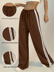 Pantalones de chándal de mujer de cintura alta a rayas de pierna ancha, holgados e informales <span class=keywords><strong>con</strong></span> cordón y dobladillo dividido para ropa urbana y de descanso - Product Image 1