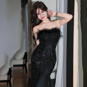 Venta al por mayor de las mujeres negro cola de pez vestido de gasa industria pesada anfitrión banquete <span class=keywords><strong>matrimonio</strong></span> cumpleaños tubo superior vestido de noche - Product Image 3