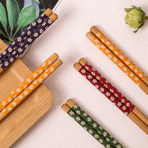 Baguettes japonaises en bambou, 22,5 cm, cinq couleurs, motif floral fin, pointe effilée, baguettes carbonisées en spirale - Product Image 2