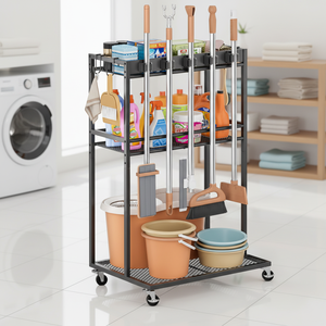 Portascopa con organizer <span class=keywords><strong>per</strong></span> la pulizia, mobiletto contenitore <span class=keywords><strong>per</strong></span> armadio con ganci <span class=keywords><strong>per</strong></span> mocio, portaoggetti e carrello <span class=keywords><strong>per</strong></span> la pulizia domestica - Product Image 1