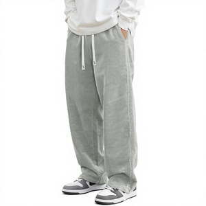 Pantalones Anchos de Pana Gris para Hombre, Cintura Elástica con Cordón, Estilo Casual, Bolsillos Laterales, Transpirables, para Otoño - Product Image 1